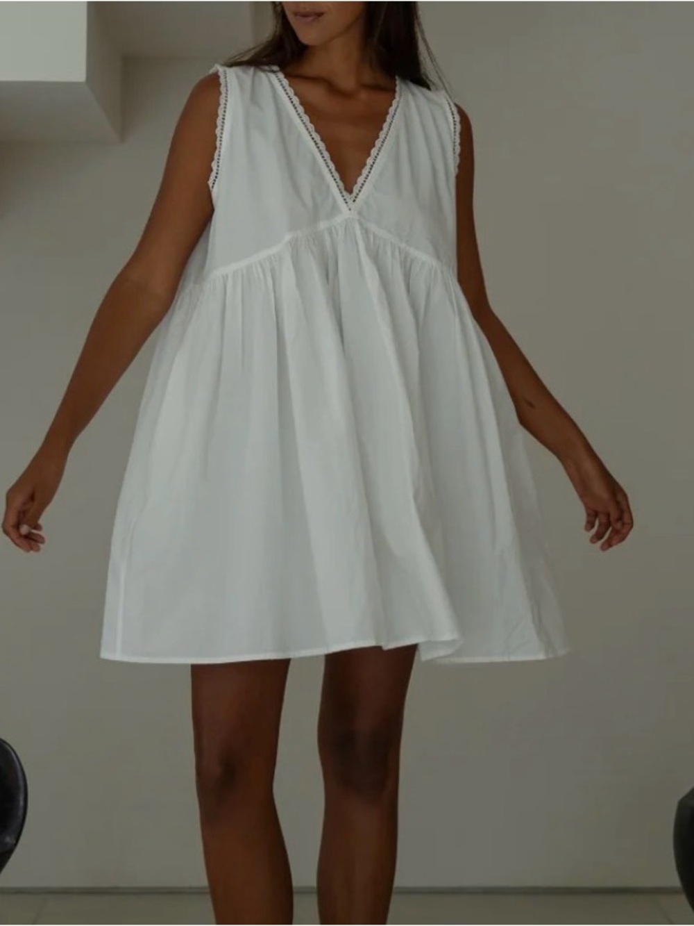 NWOT AvyandCo Elodie White Lace Trimmed Poplin Mini Dress in White One Size